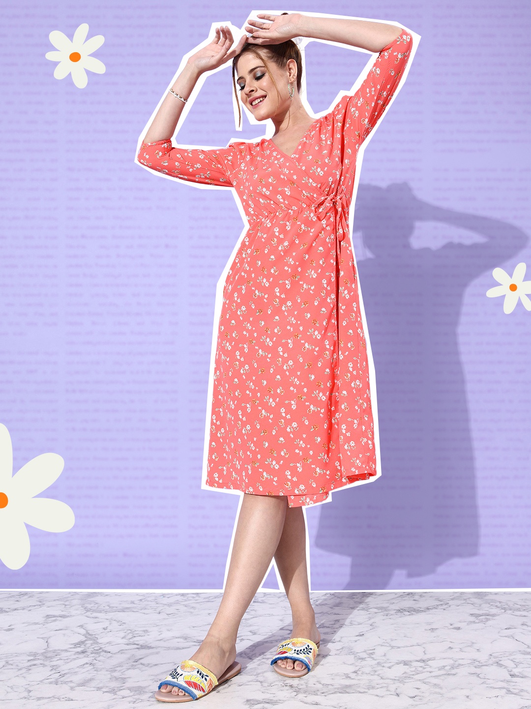 

Mast & Harbour Floral Print Wrap Dress, Coral