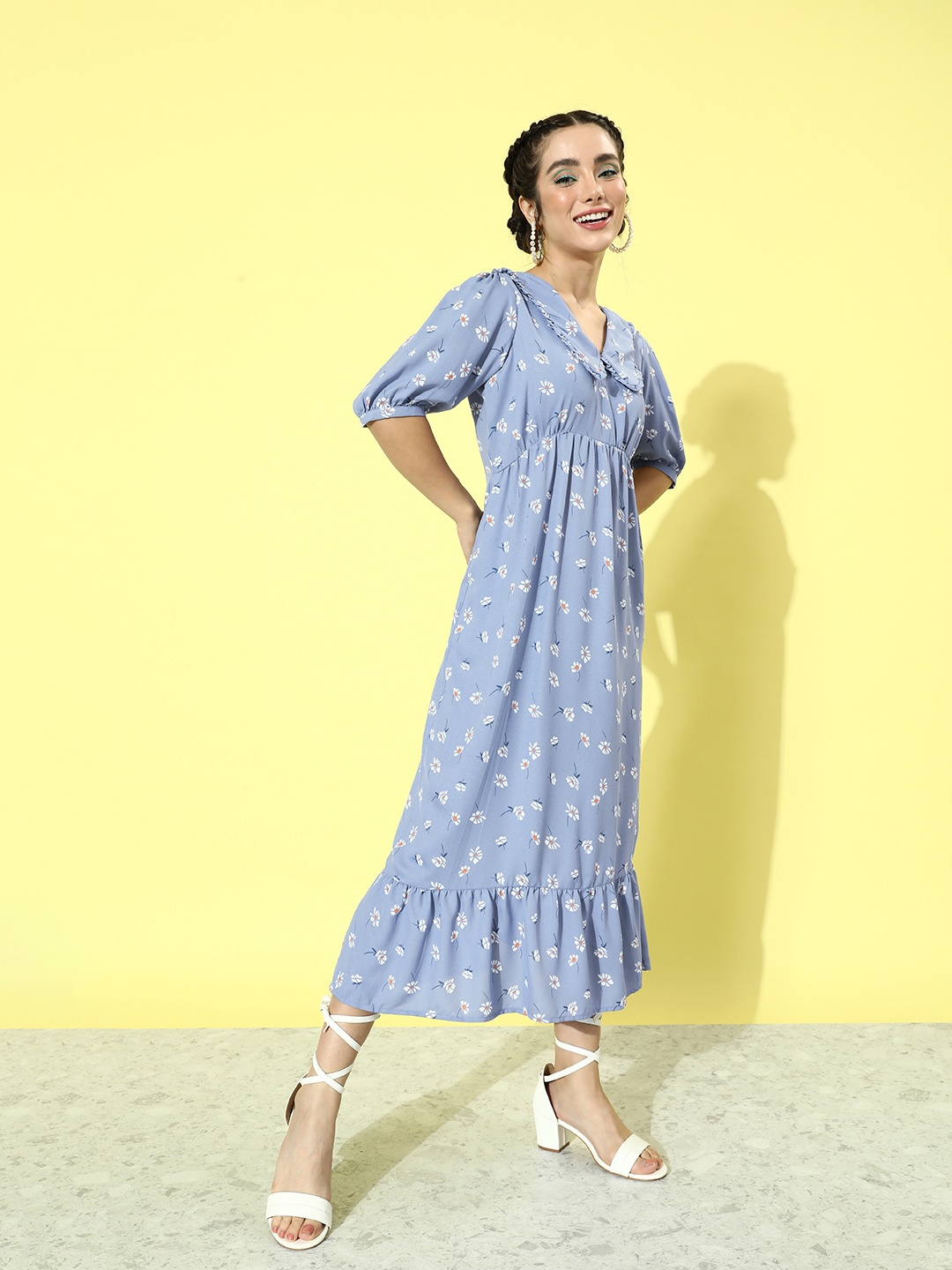 

Mast & Harbour Sky Blue Statement Collars Puff Sleeve Empire Style Floral Midi Dress