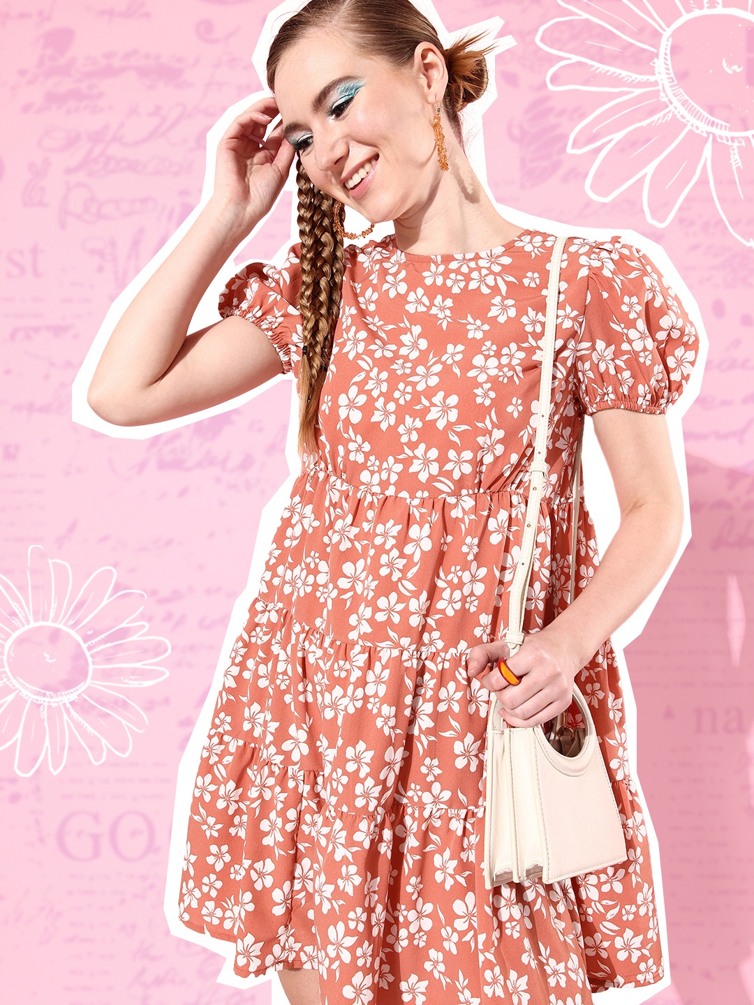 

M&H Our Water Peach-Coloured & White Floral A-Line Preppy College Cool Vacay Attire Dress