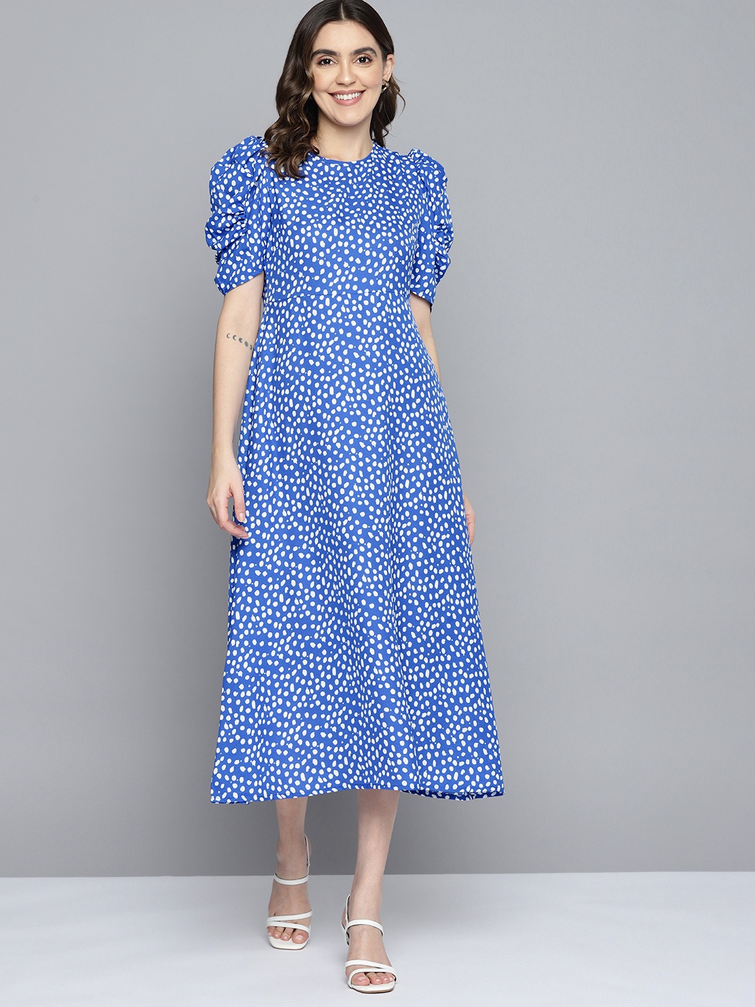

Mast & Harbour Abstract Printed Puff Sleeves A-line Midi dress, Blue