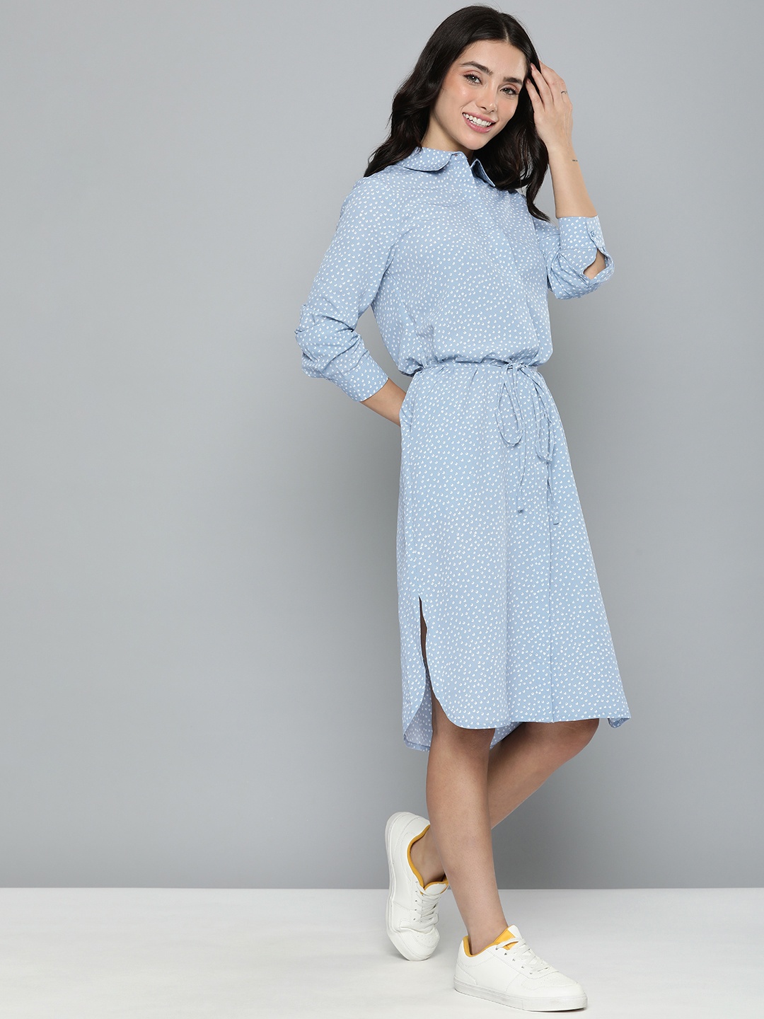 

M&H Our Water Shirt Collar Knee Length Shirt Dress With Tie Up Details, Blue