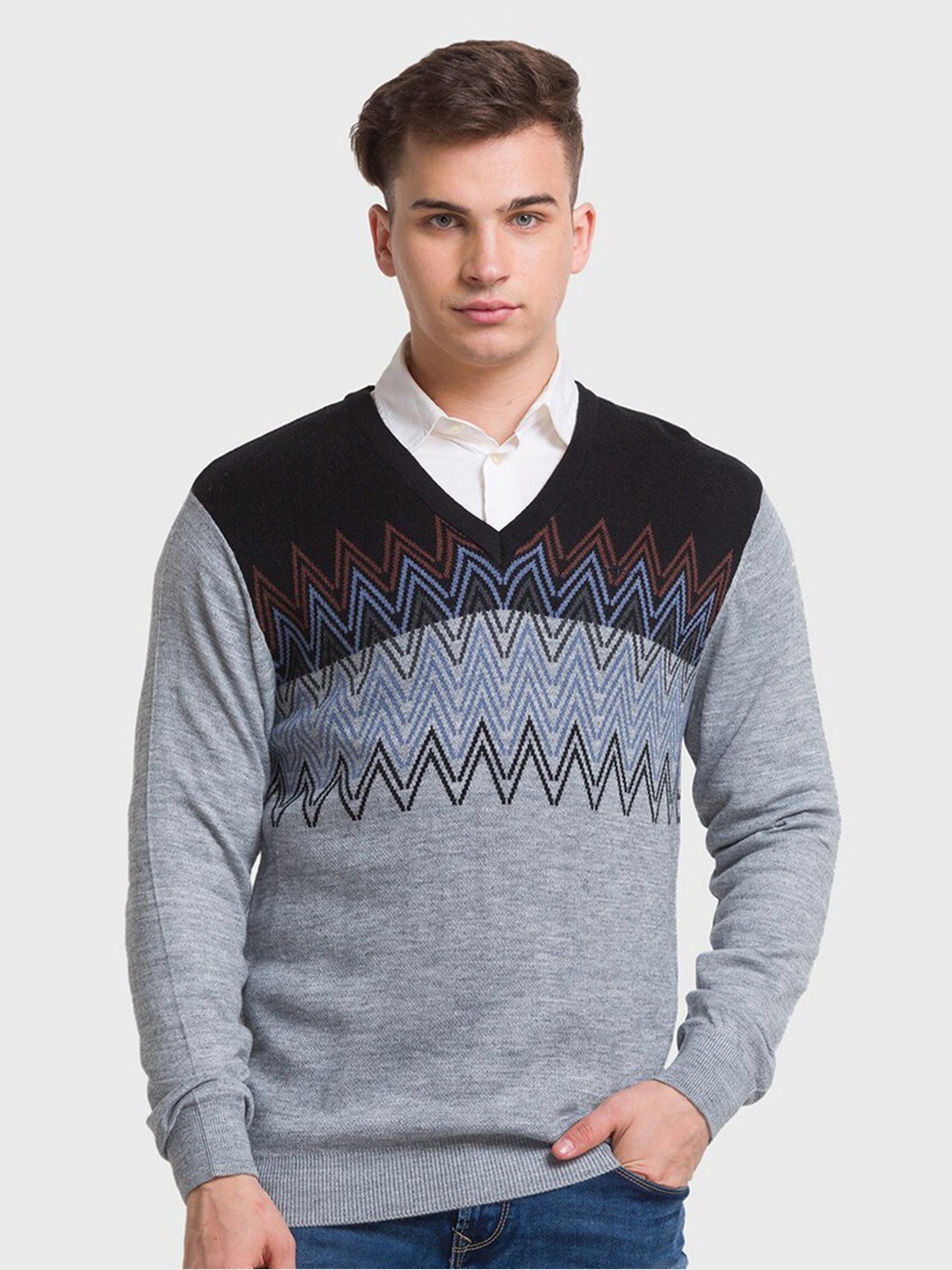 

ColorPlus Men Grey & Black Self Design Pullover