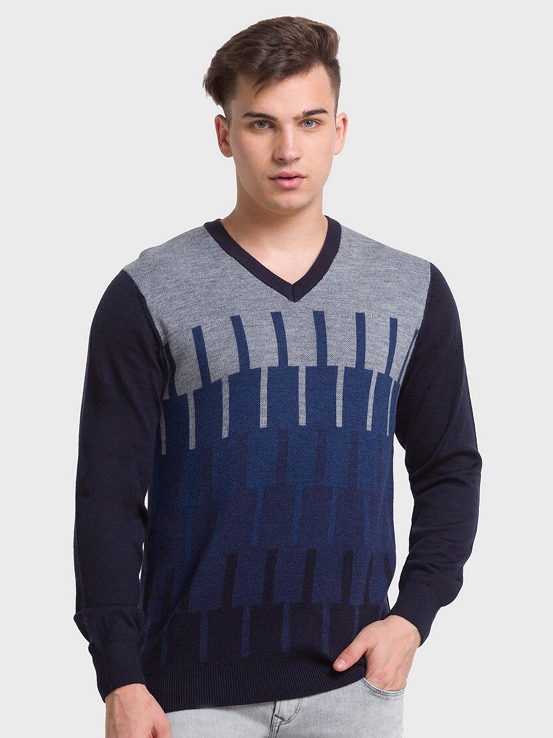 

ColorPlus Men Blue & Grey Printed Pullover