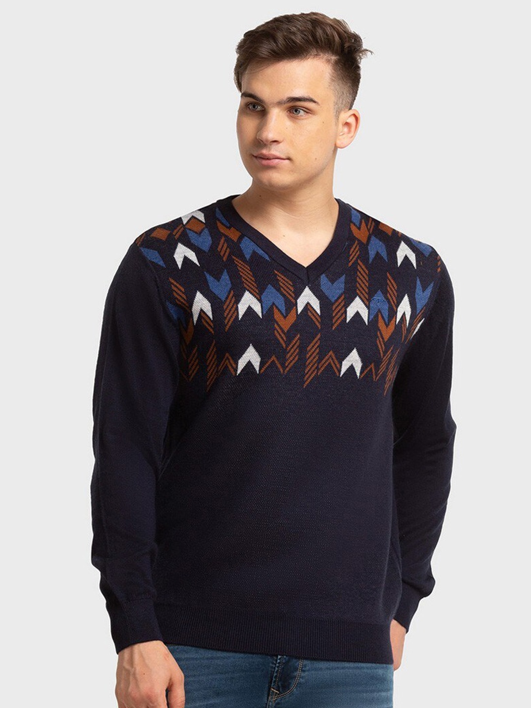 

ColorPlus Men Navy Blue & White Self Design Pullover