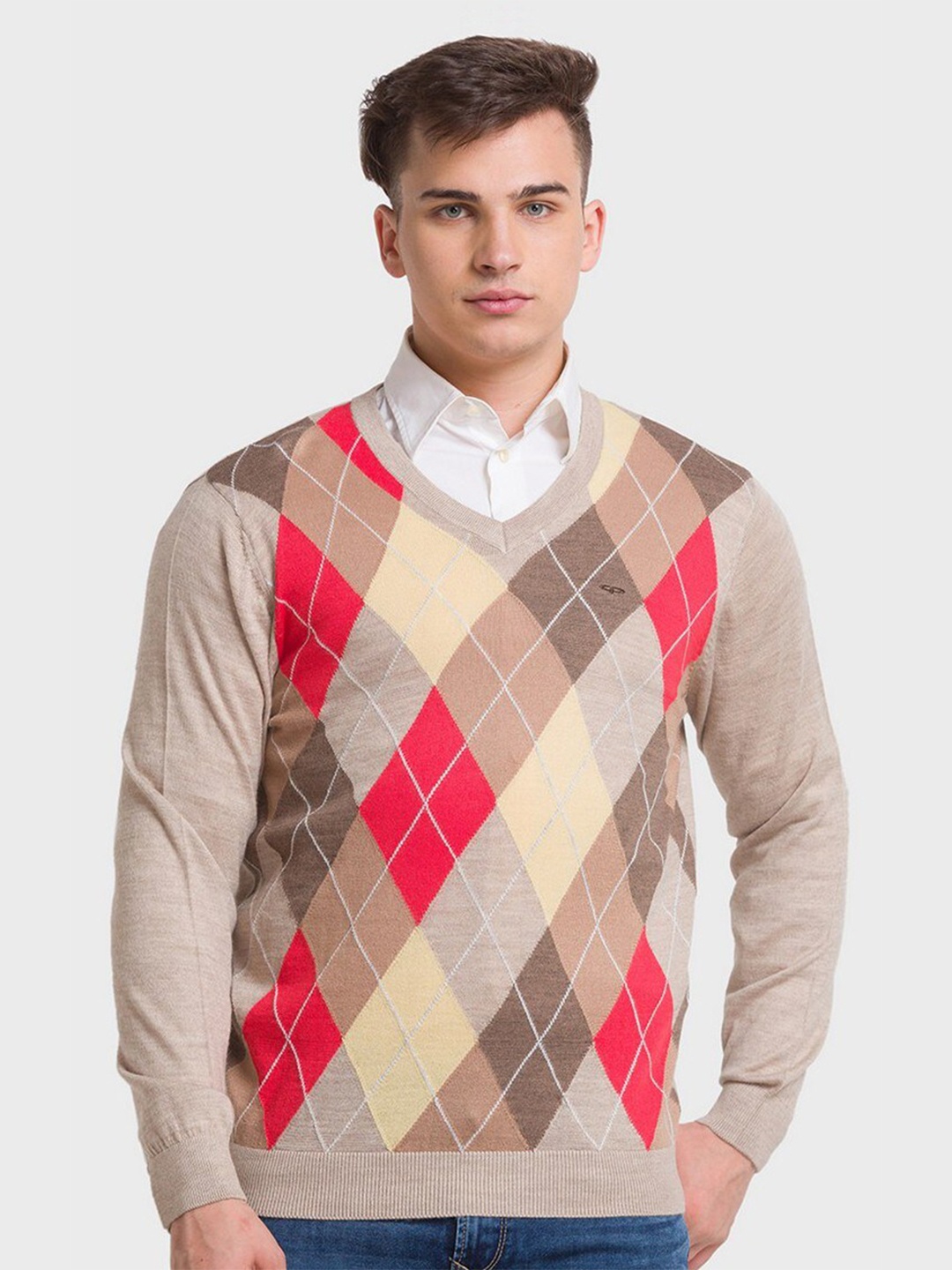 

ColorPlus Men Plus Size Beige & Red Self Design Pullover