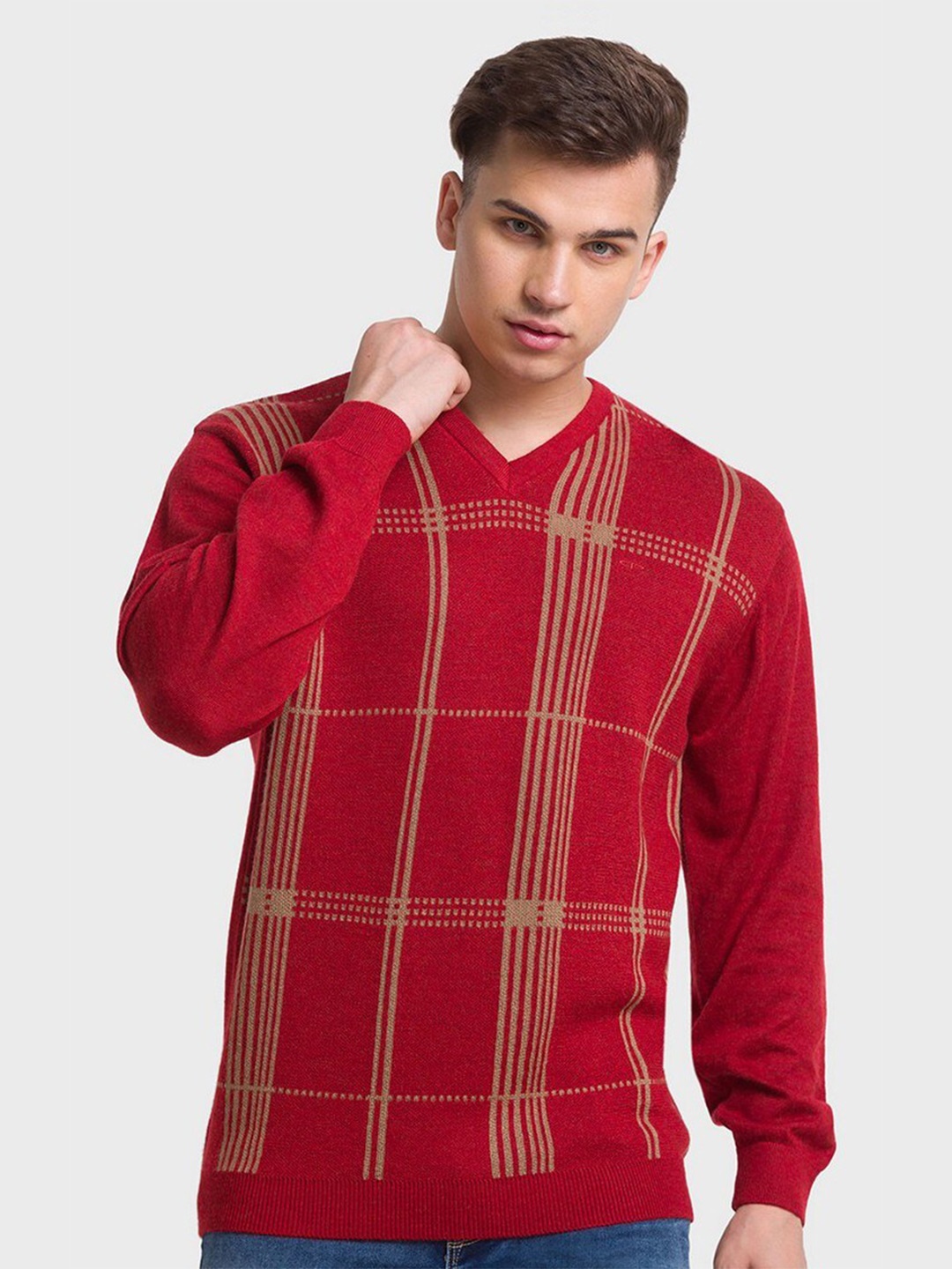 

ColorPlus Men Orange & Beige Checked Pullover