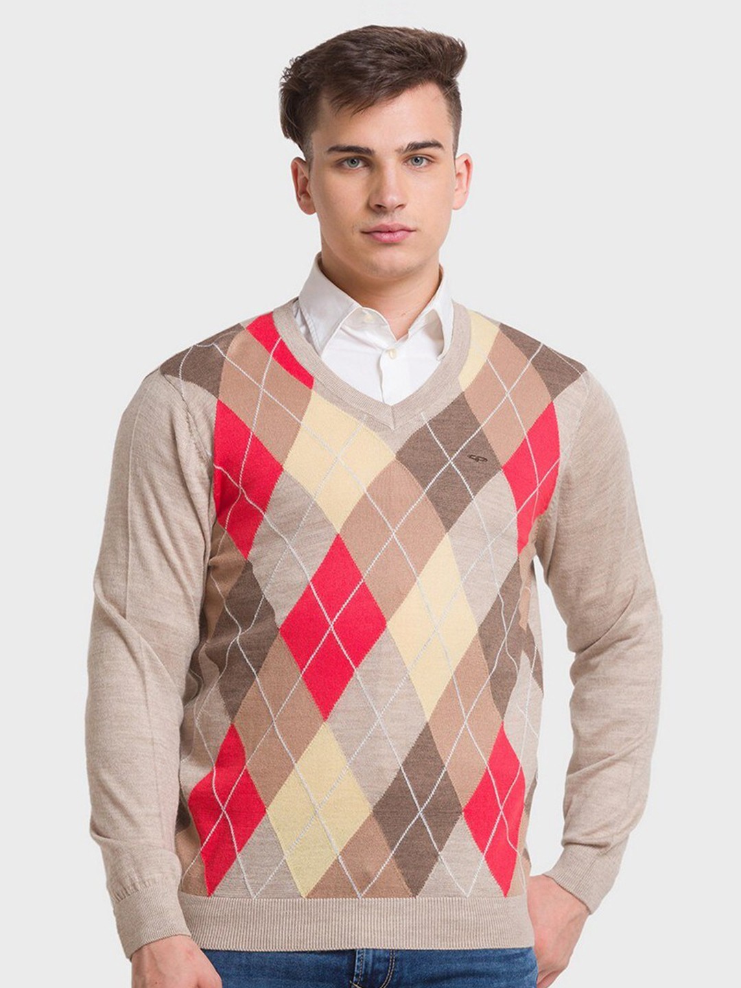 

ColorPlus Men V-Neck Checked Long Sleeves Wool Pullover, Beige