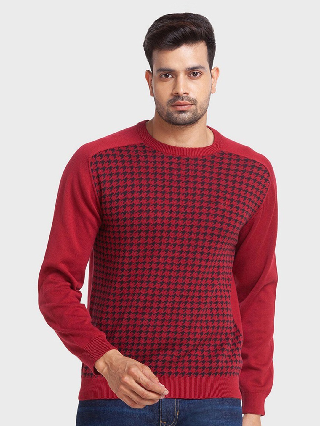 

ColorPlus Men Checked Cotton Pullover, Red