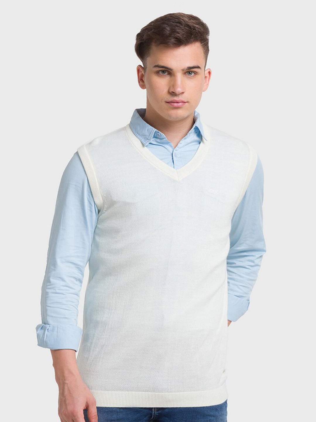 

ColorPlus Men Solid V-Neck Sleeveless Wool Sweater Vest, White