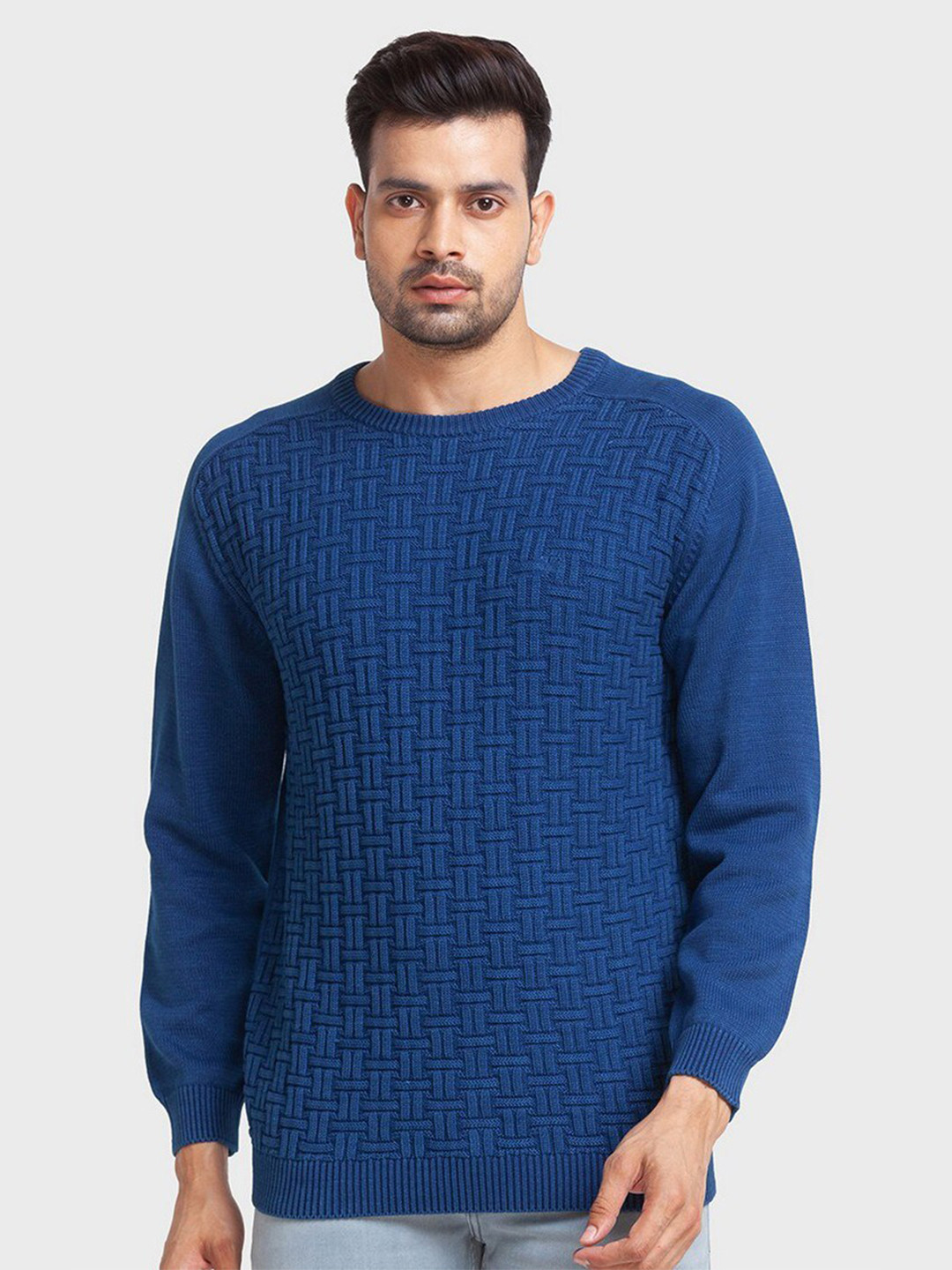 

ColorPlus Men Round Neck Ribbed Long Sleeves Cotton Pullover, Blue