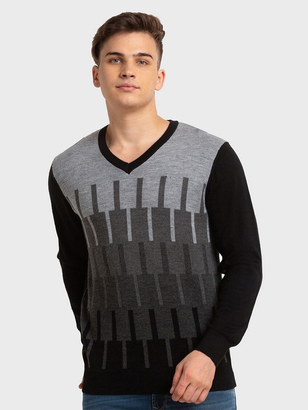 

ColorPlus Men Printed V-Neck Wool Pullover, Black