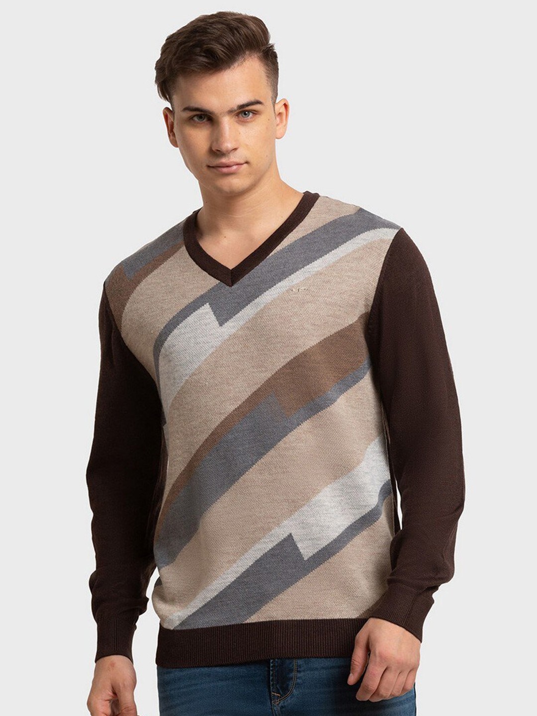 

ColorPlus Men V-Neck Striped Wool Pullover, Brown