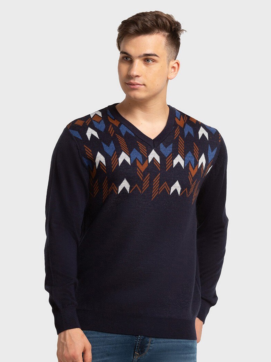 

ColorPlus Men Plus Size Blue & White Printed Pullover