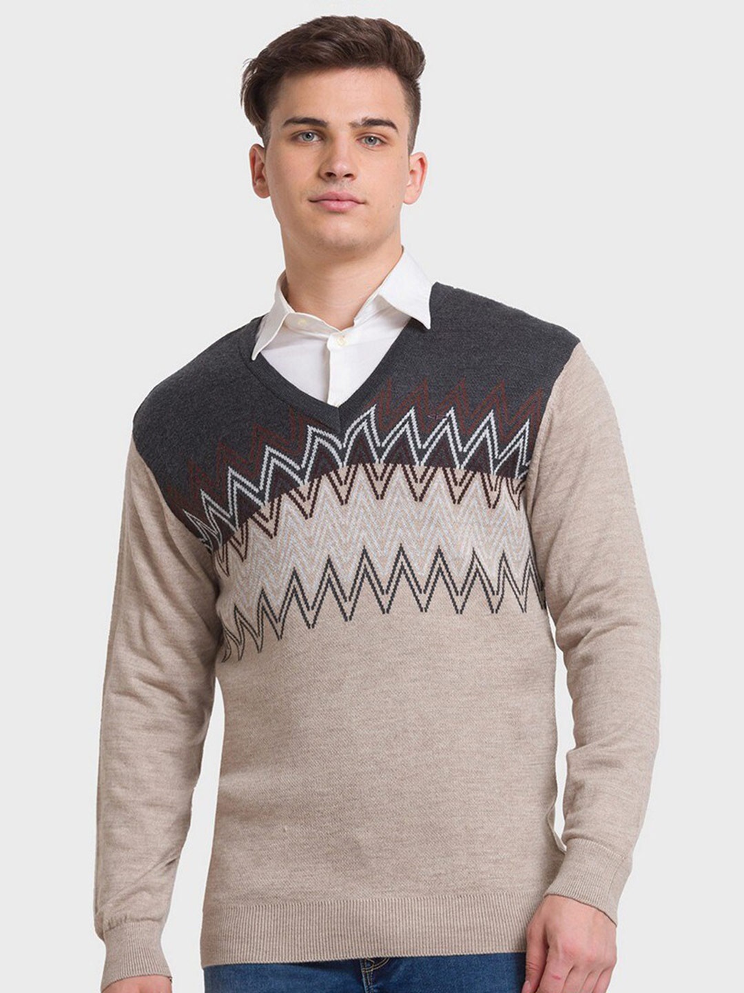 

ColorPlus Men Plus Size Beige & Grey Striped Pullover