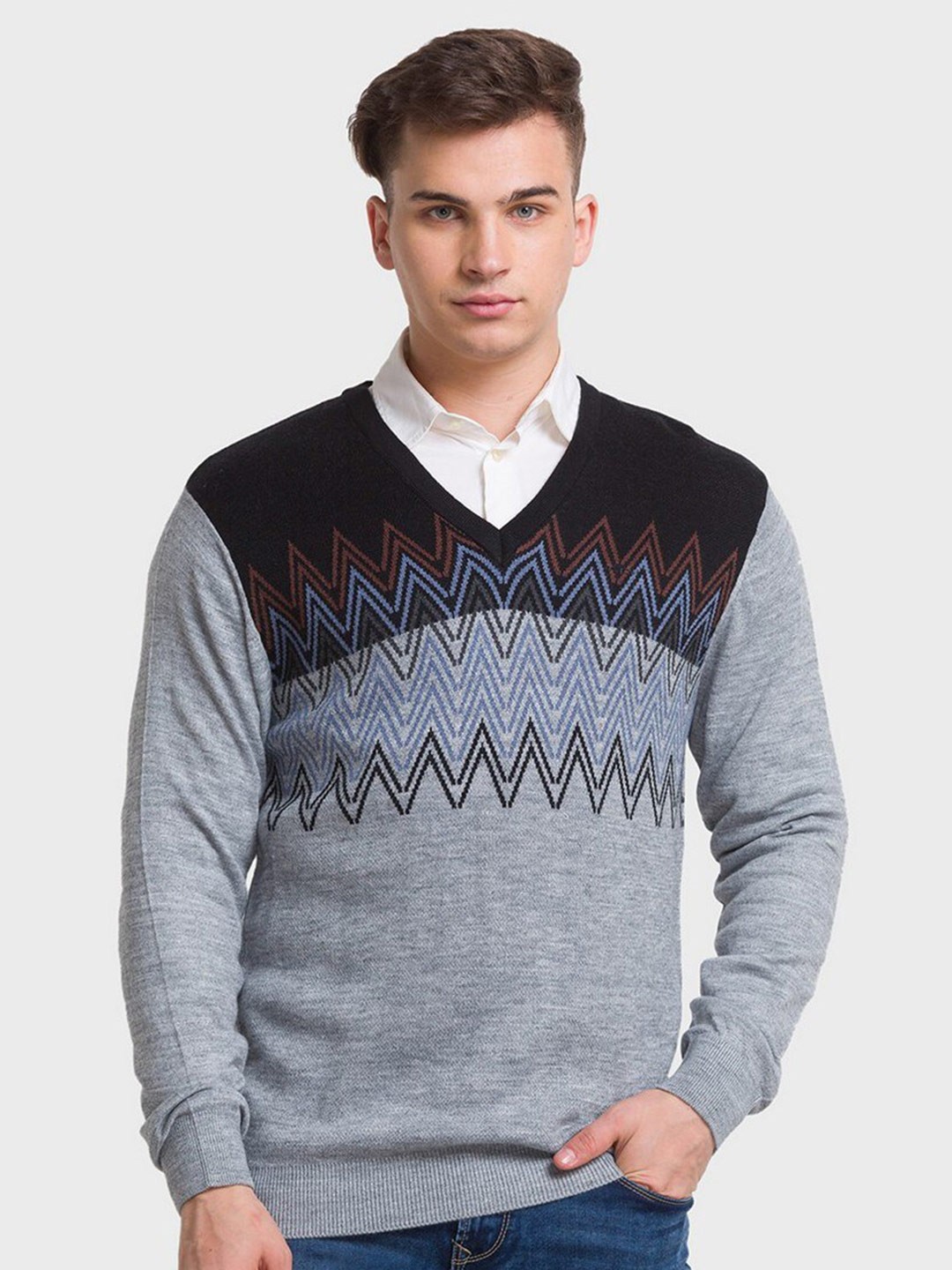 

ColorPlus Men Plus Size Grey & Black Pullover