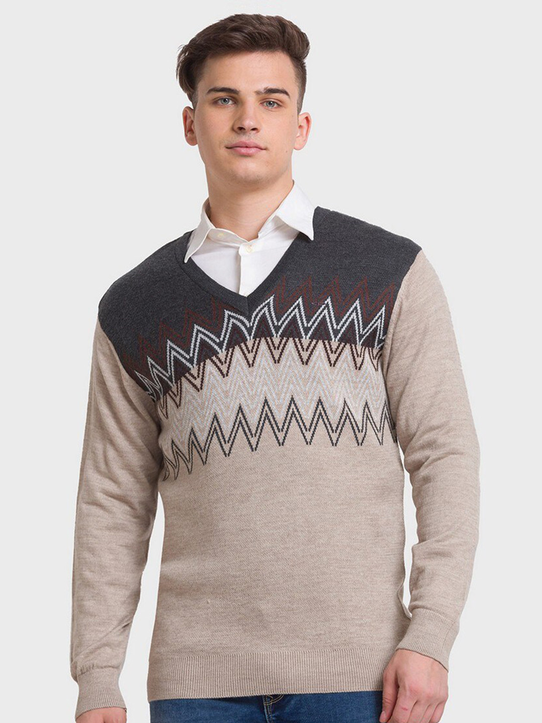 

ColorPlus Men Plus Size Beige & Grey Striped Pullover