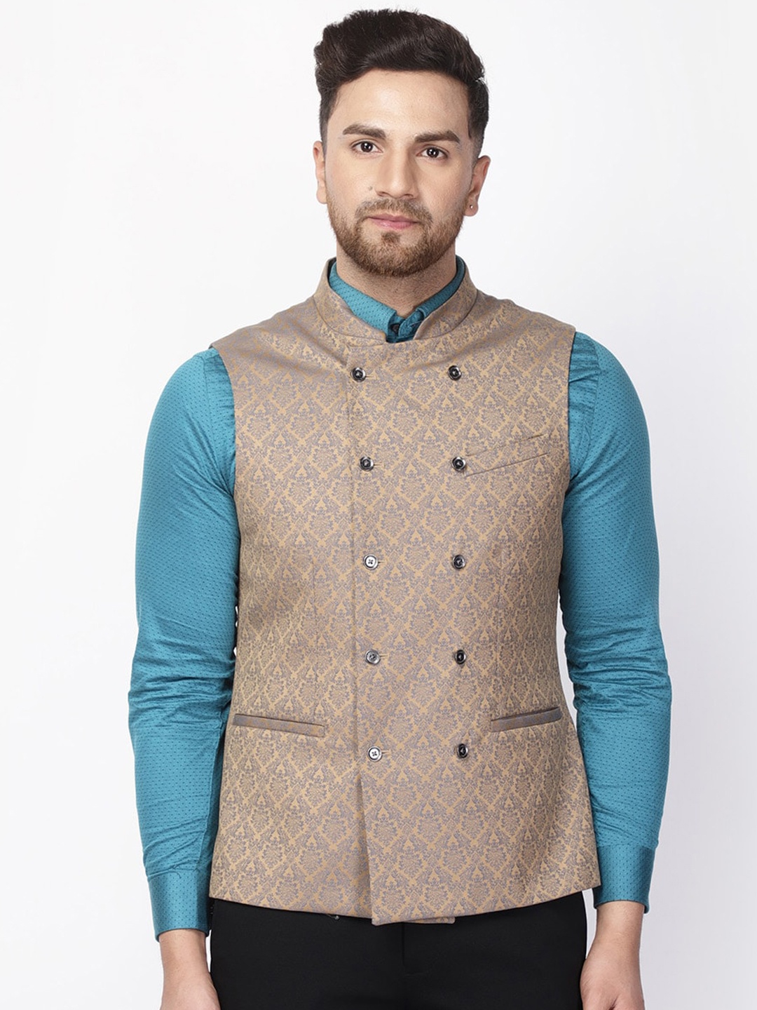 

Blackberrys Men Beige Woven Design Formal Waistcoat