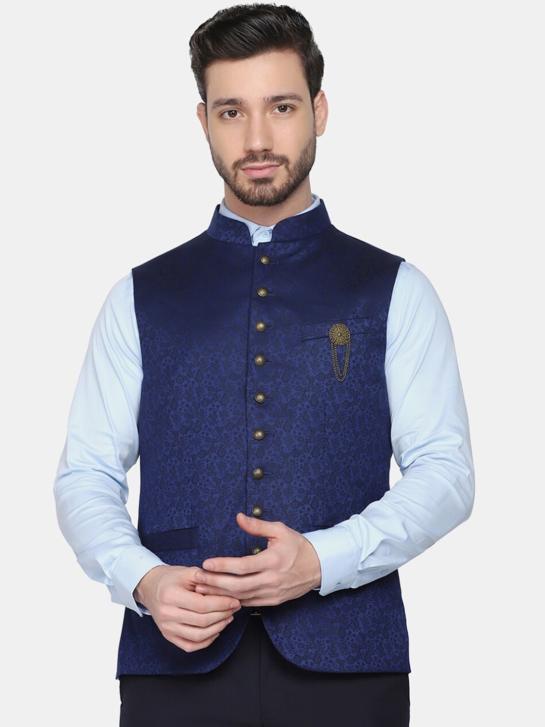 

Blackberrys Men Navy Blue Printed Nehru Jacket