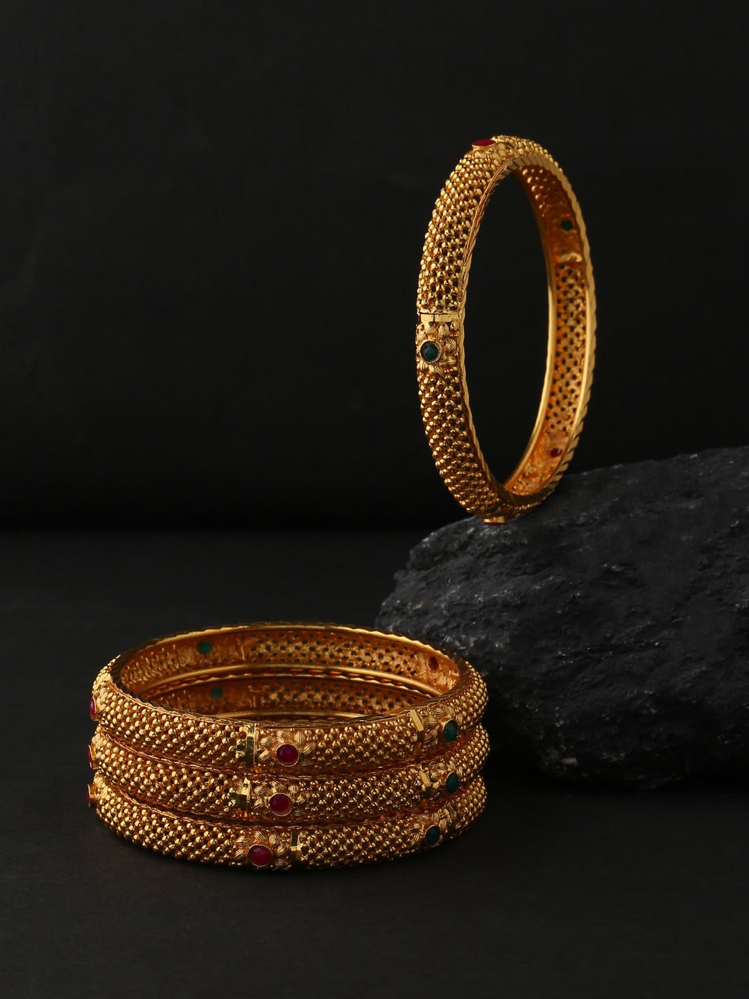 

VIRAASI Set Of 4 Gold-Plated Red & Green Stone Studded Bangles