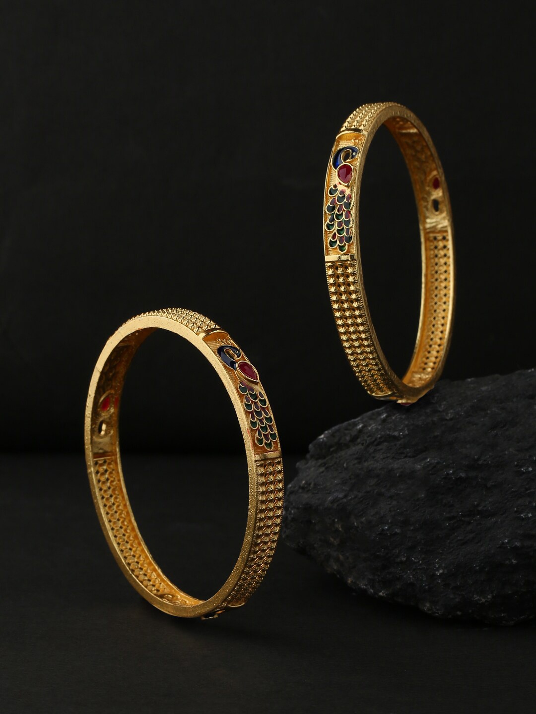 

VIRAASI Set Of 2 Gold-Plated Red & Green Stone-Studded Bangles