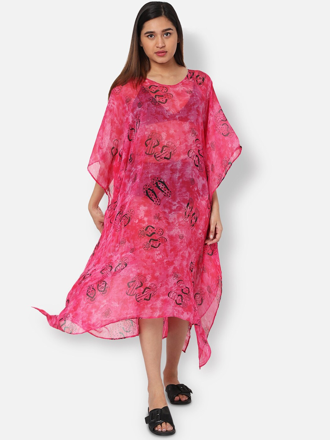 

Ashtag Women Printed Chiffon Kaftan Style Beach Cover Up Dress, Pink