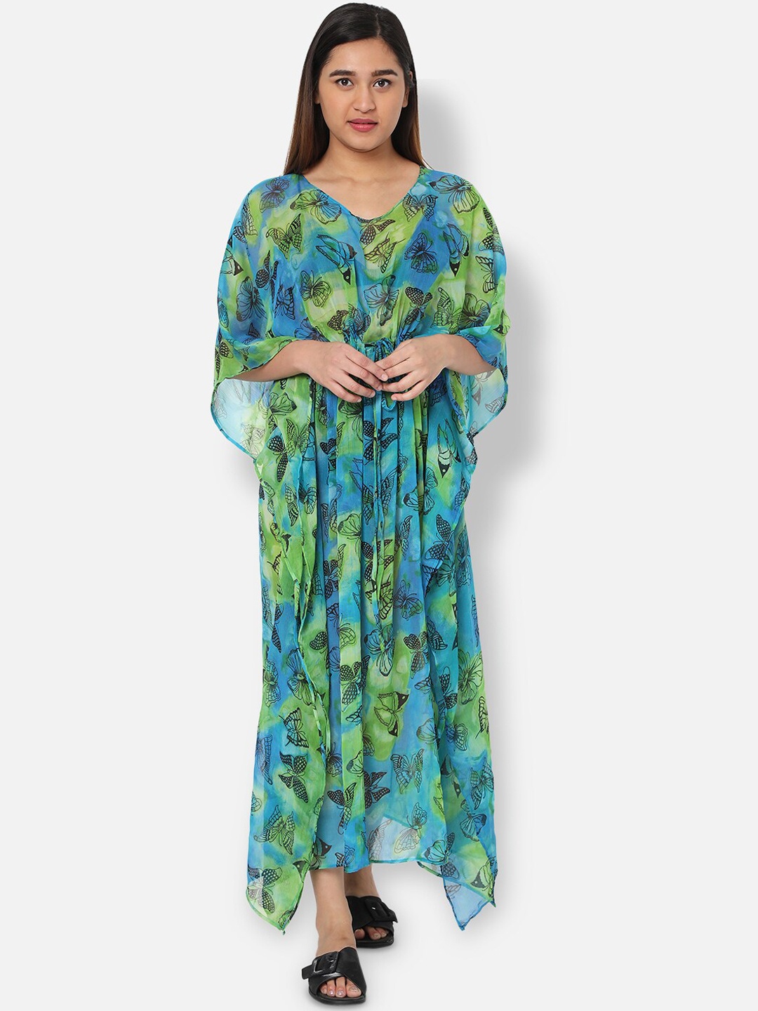 

Ashtag Women Butterfly Printed Sheer Beachwear Cover-up Kaftan Dress, Blue