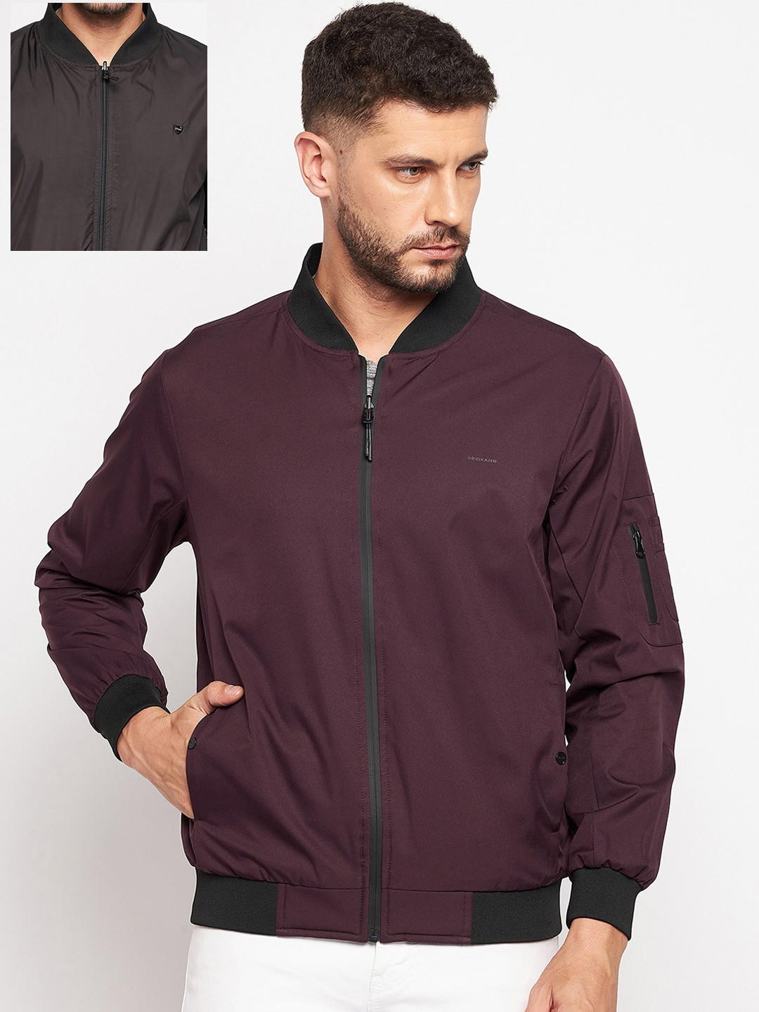 

Okane Men Plus Size Burgundy & Brown Reversible Bomber Jacket