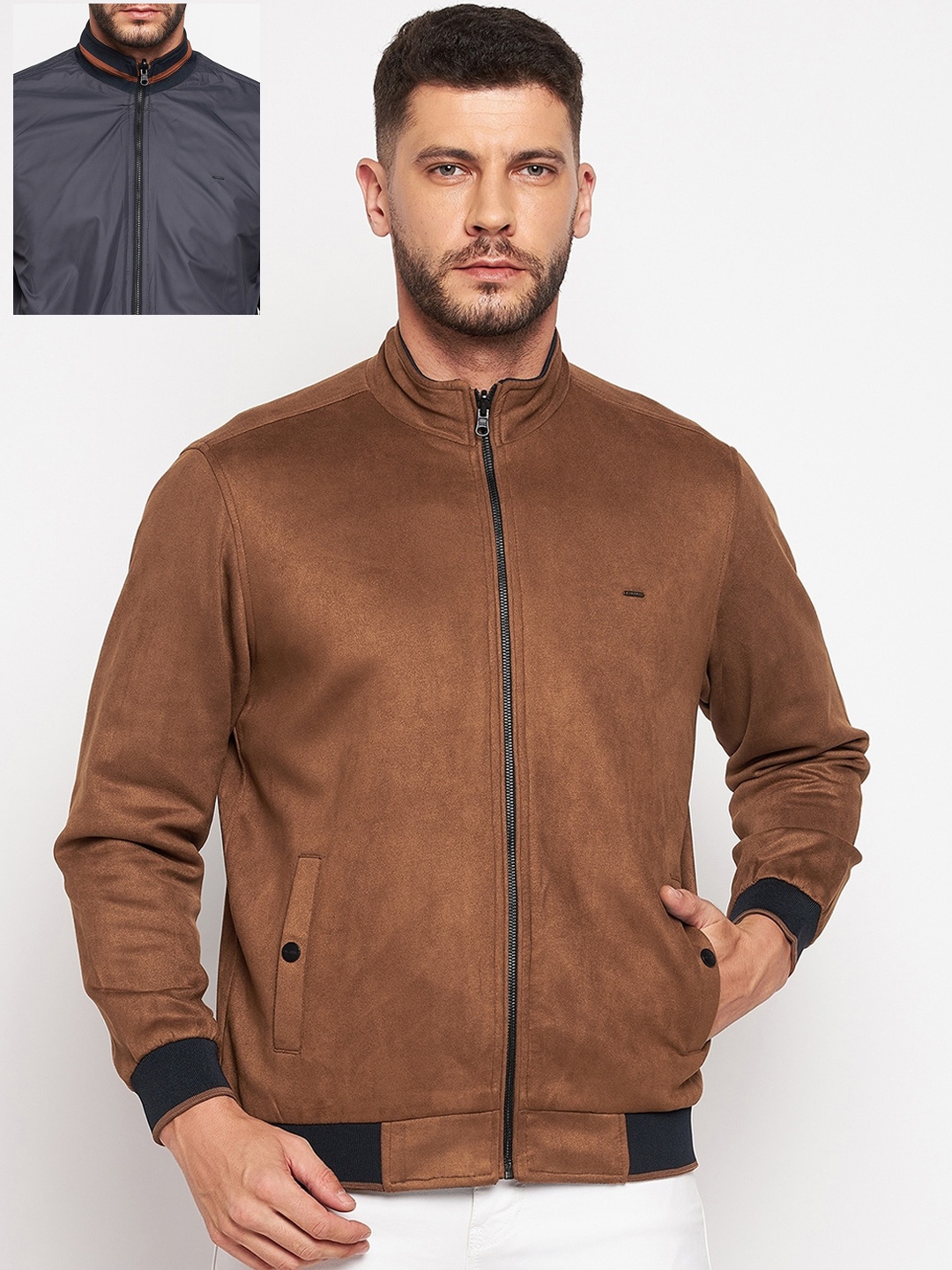 

Okane Men Tan Blue Suede Reversible Bomber Jacket