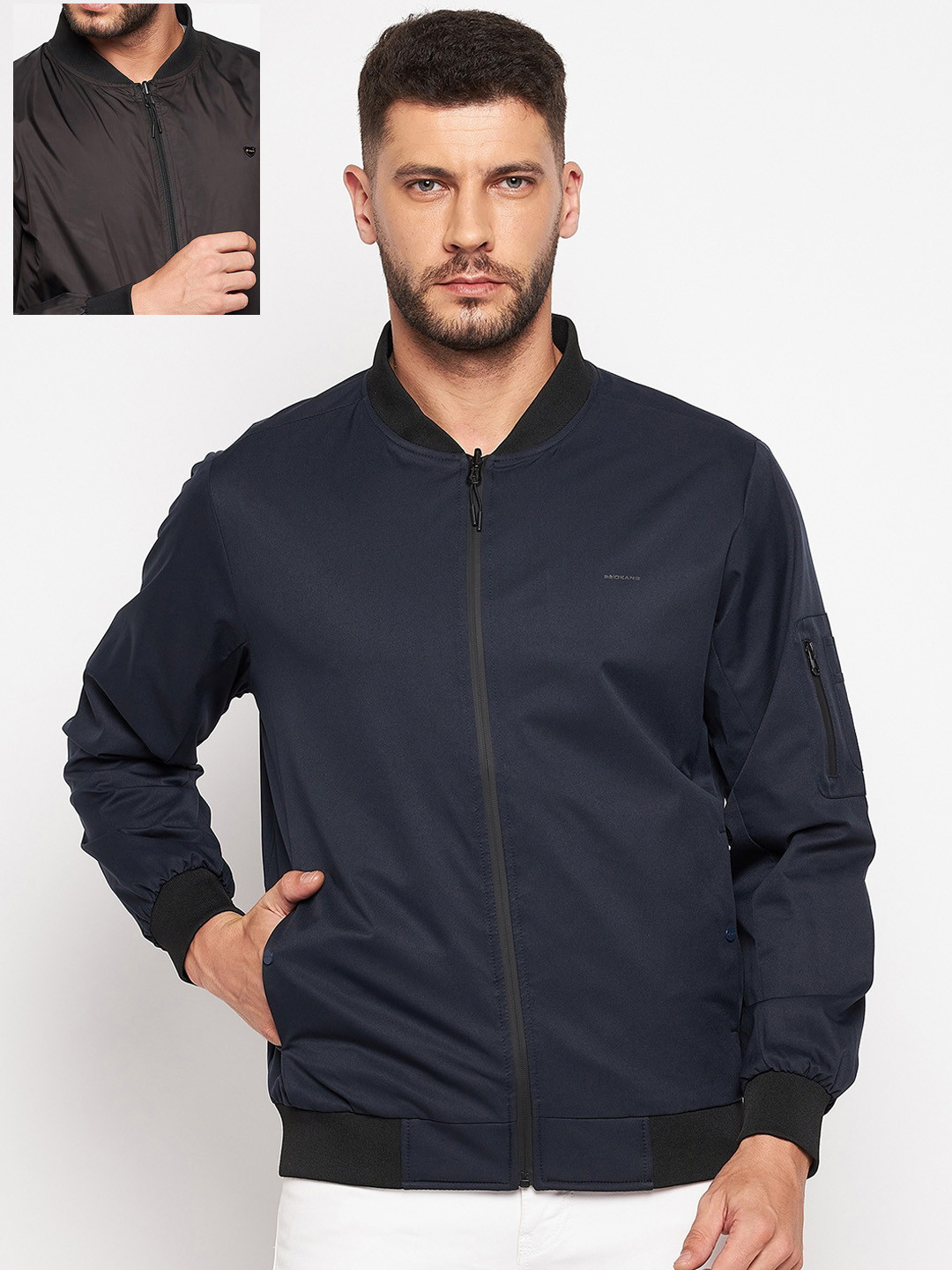 

Okane Men Navy Blue Brown Reversible Bomber Jacket
