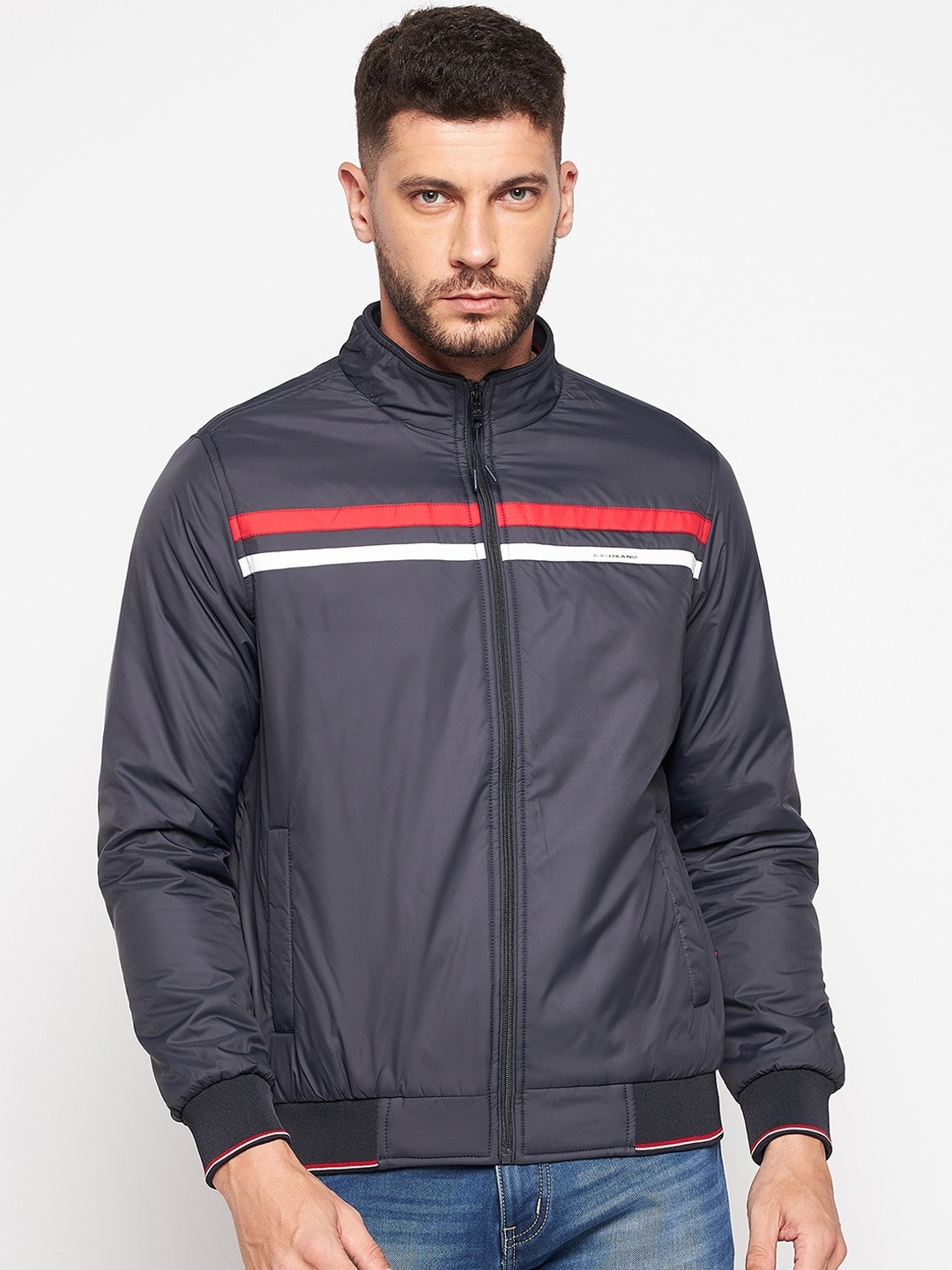 

Okane Men Navy Blue Lightweight Bomber Jacket