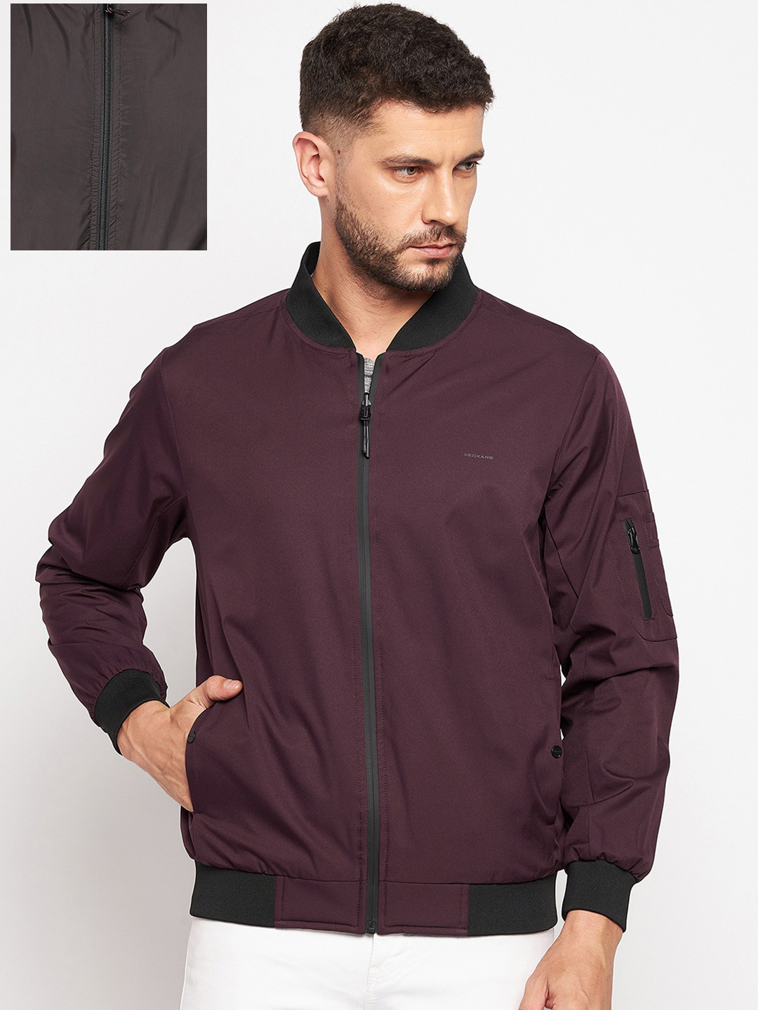 

Okane Men Burgundy Brown Reversible Bomber Jacket