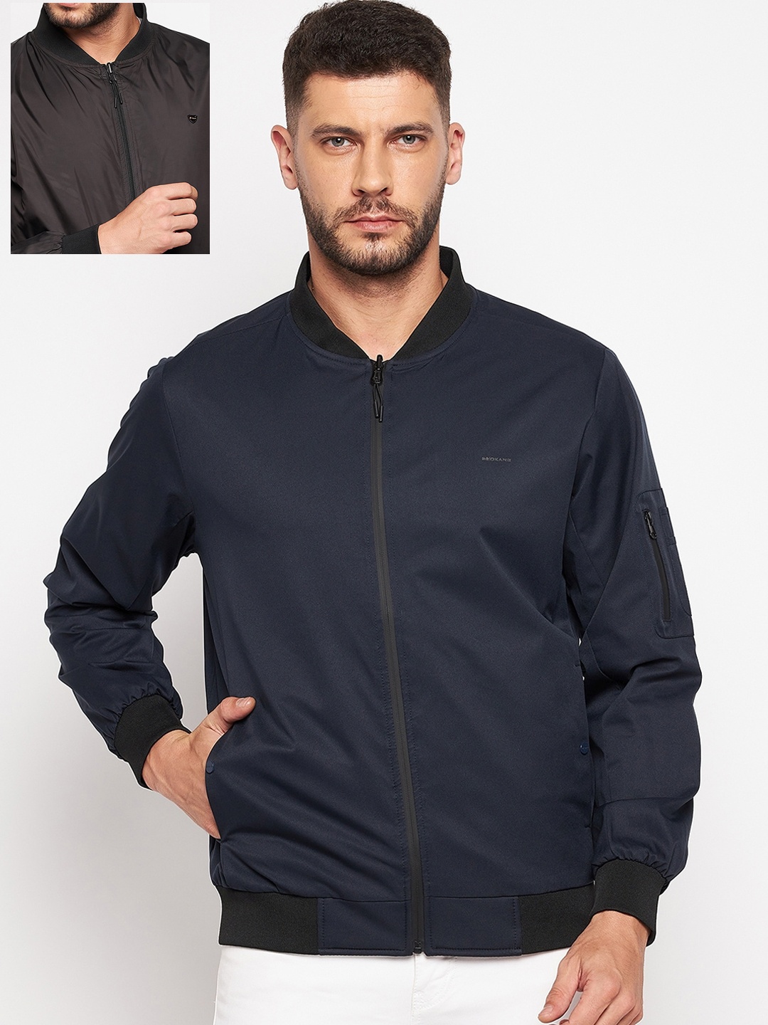 

Okane Men Plus Size Navy Blue Brown Reversible Bomber Jacket