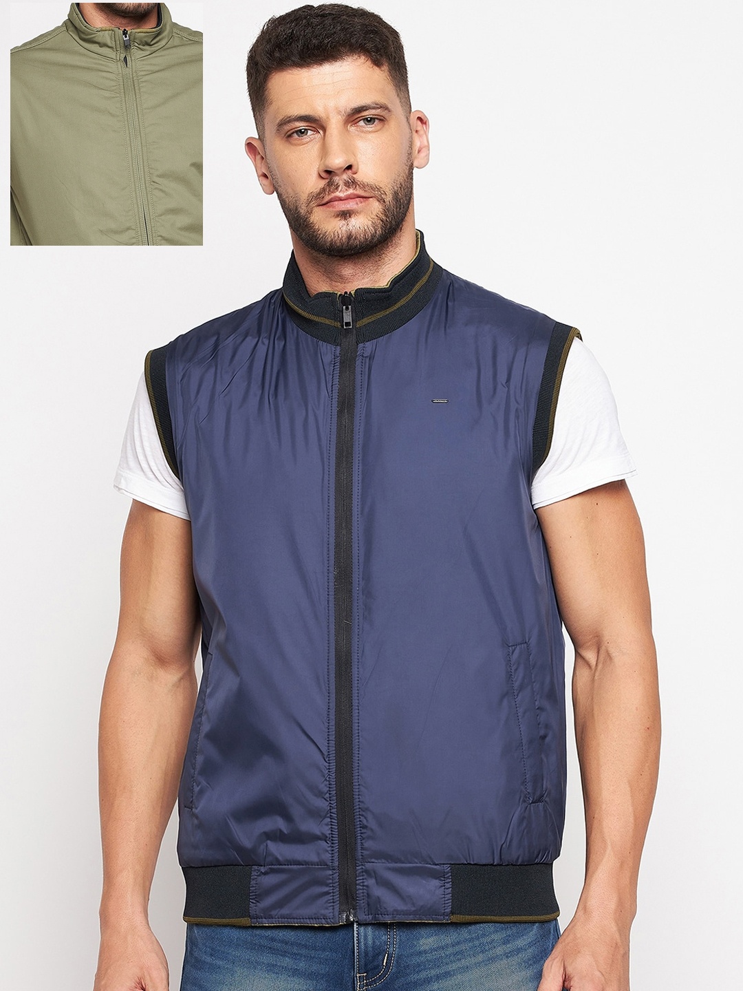 

Okane Men Olive Green & Navy Blue Reversible Bomber Jacket