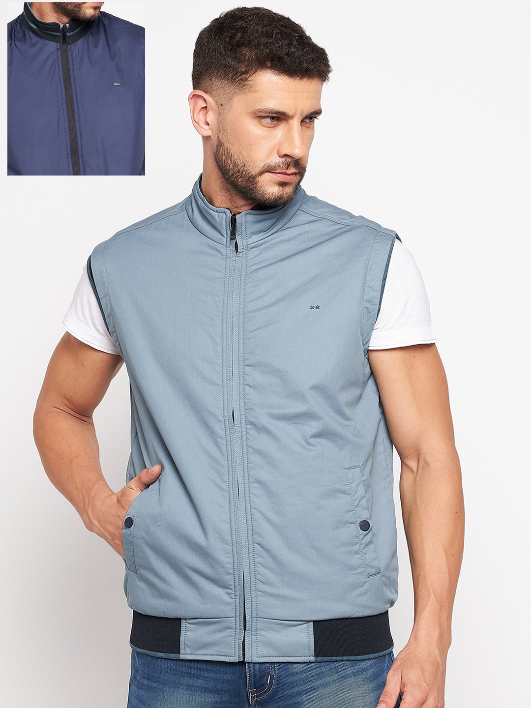 

Okane Men Blue Navy Blue Reversible Bomber Jacket
