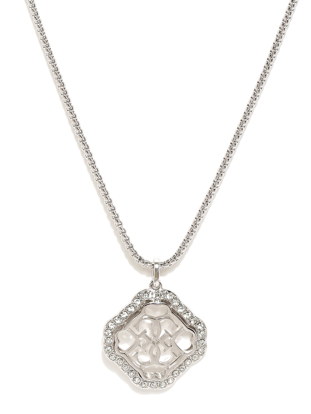 

GUESS Silver-Toned Stone-Studded Geometric Pendant with Chain