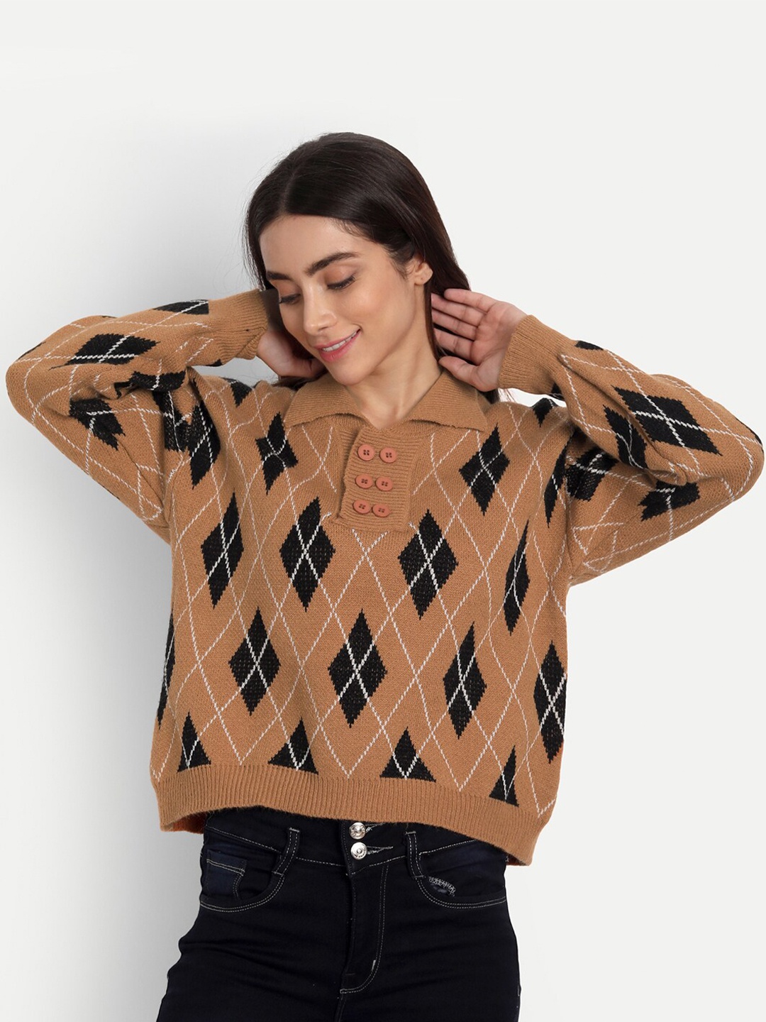 

iki chic Women Brown & White Cotton Wool Pullover