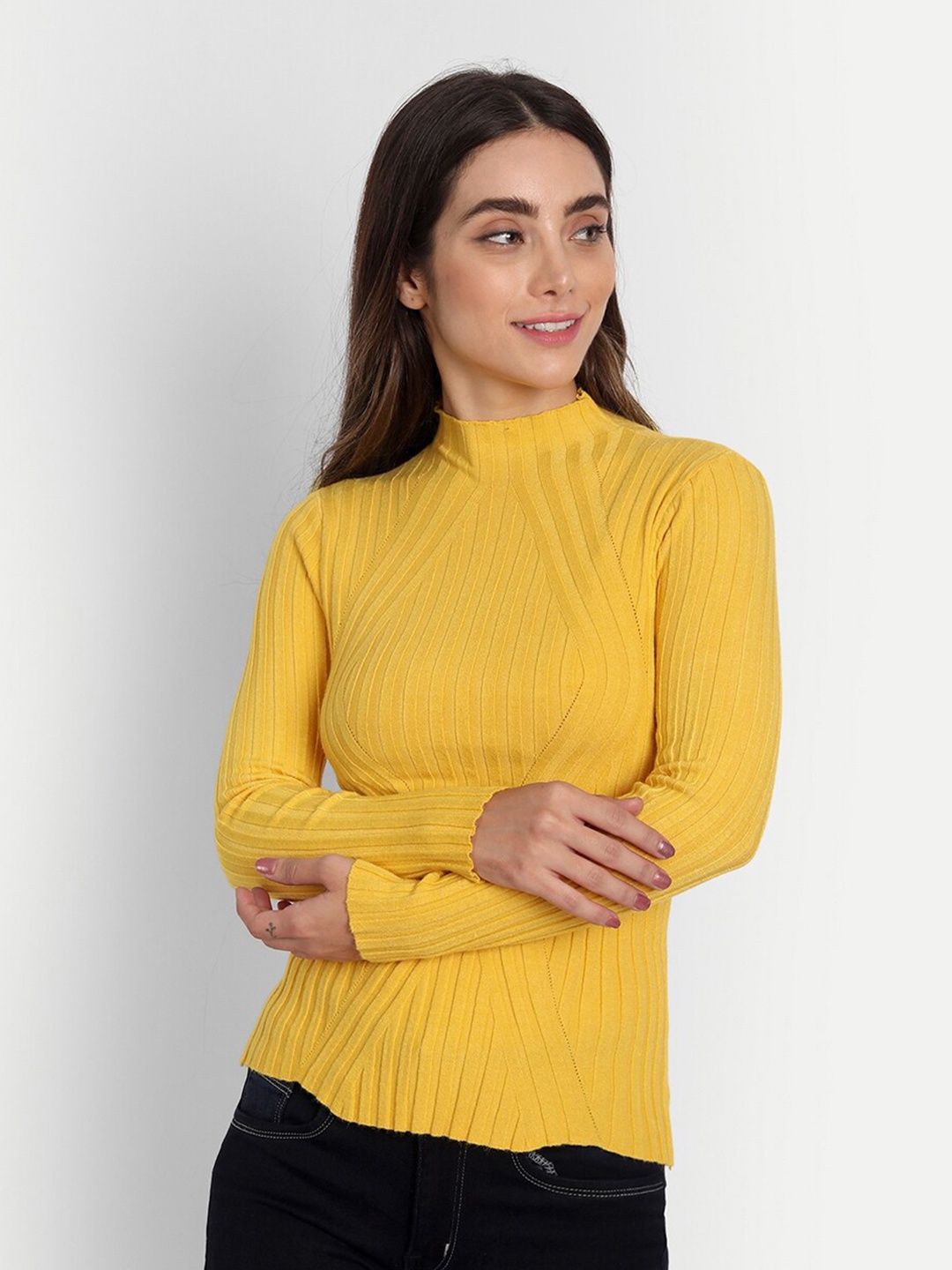 

iki chic Women Yellow Cotton Wool Ribbed Pullover