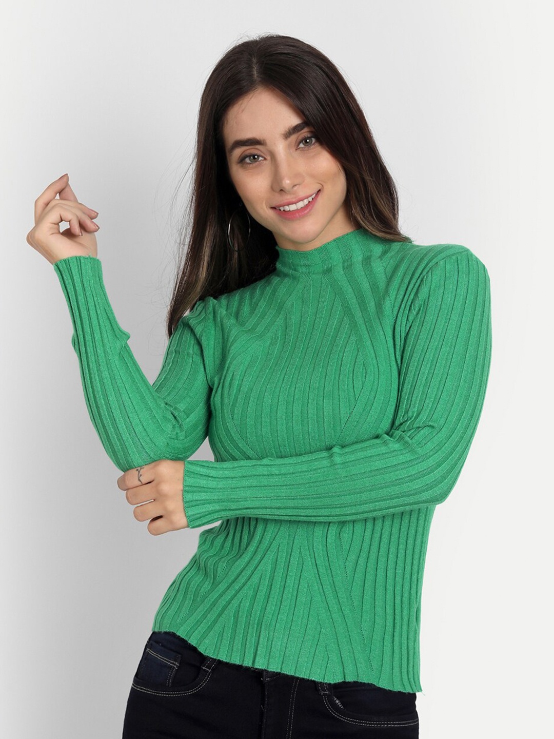

iki chic Women Green Ribbed Pullover