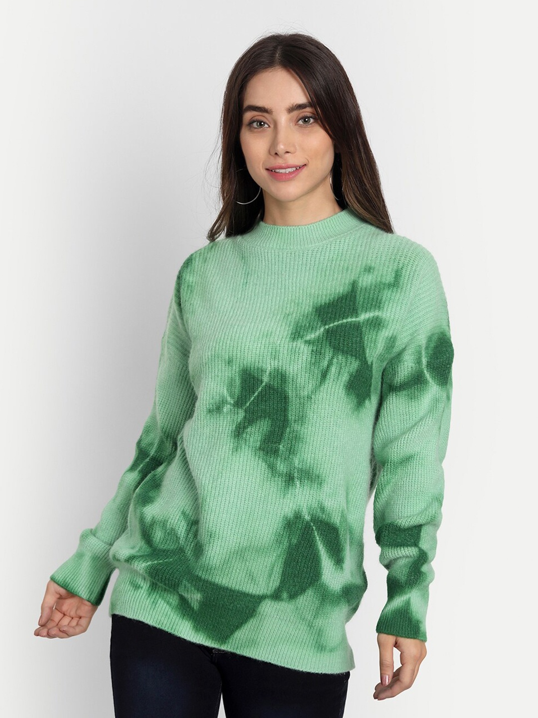 

iki chic Women Green Tie And Dye Cotton Wool Pullover