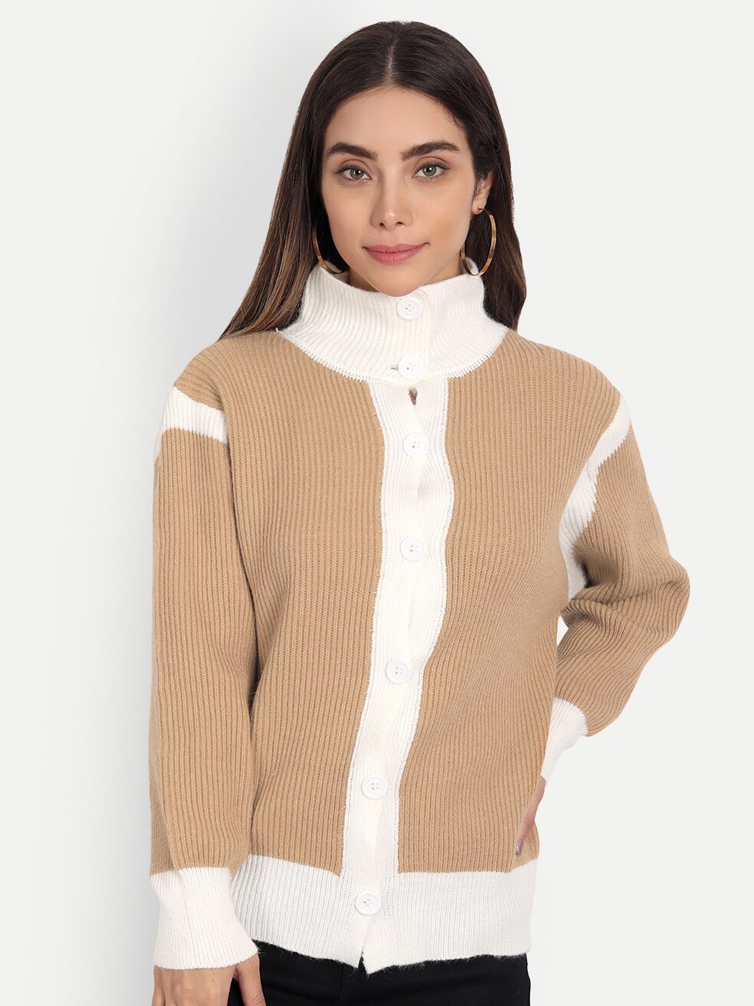 

iki chic Women Beige & White Colourblocked Cotton Wool Cardigan