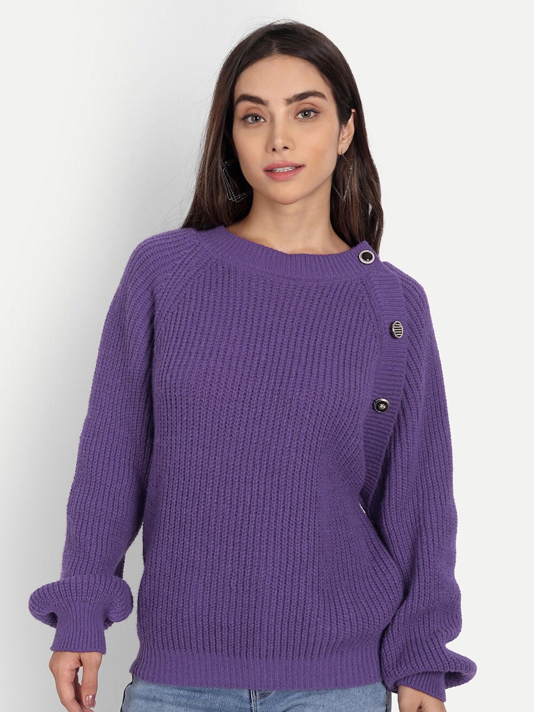 

iki chic Women Purple Button Detail Cotton Wool Pullover