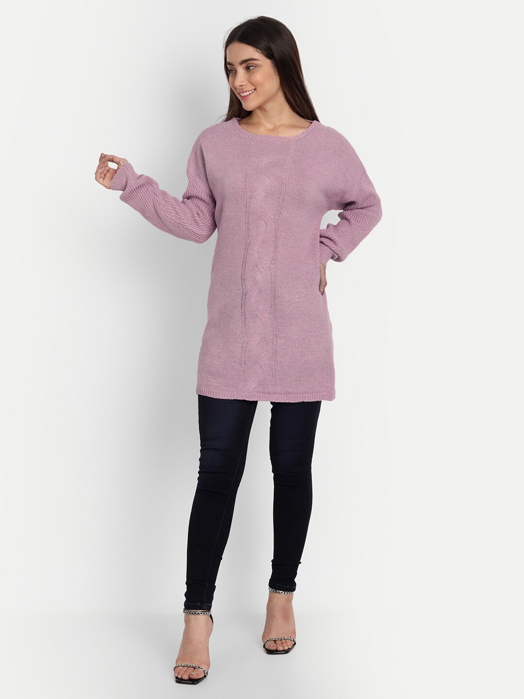 

iki chic Women Pink Cable Knit Longline Cotton Wool Pullover