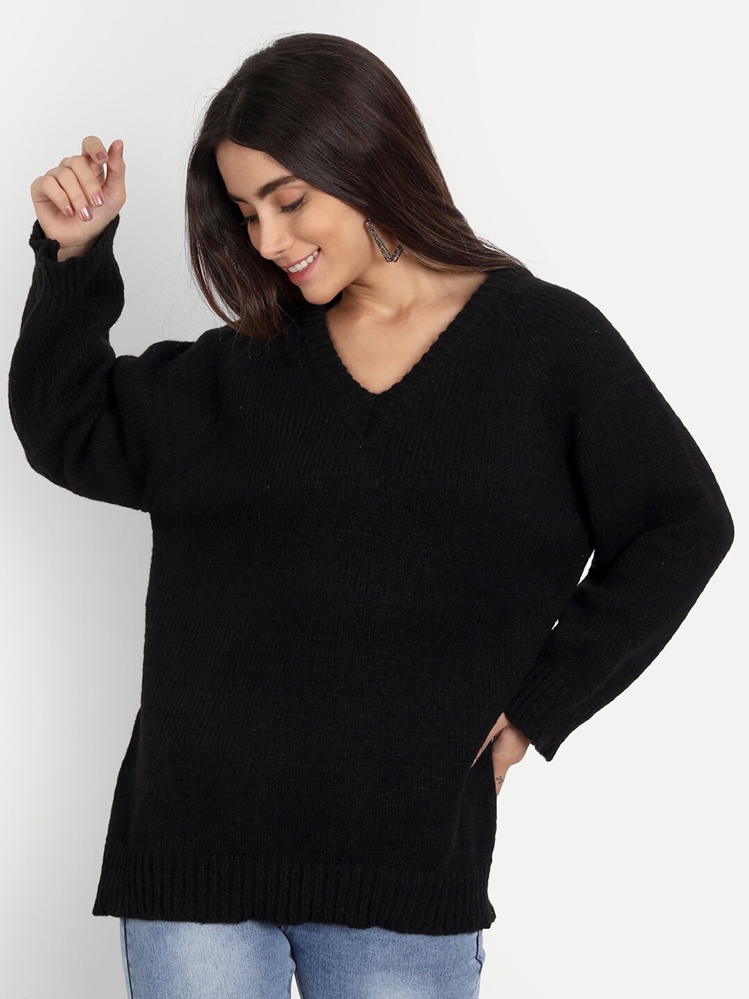 

iki chic Women Black V Neck Cotton Wool Pullover