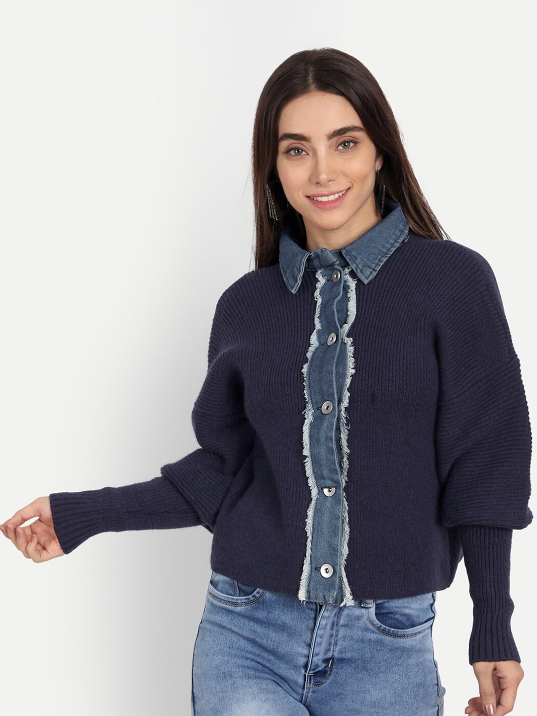 

iki chic Women Navy Blue Front Button Cotton Wool Cardigan