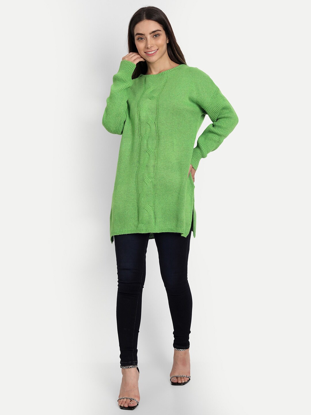 

iki chic Women Green Longline Cotton Wool Pullover