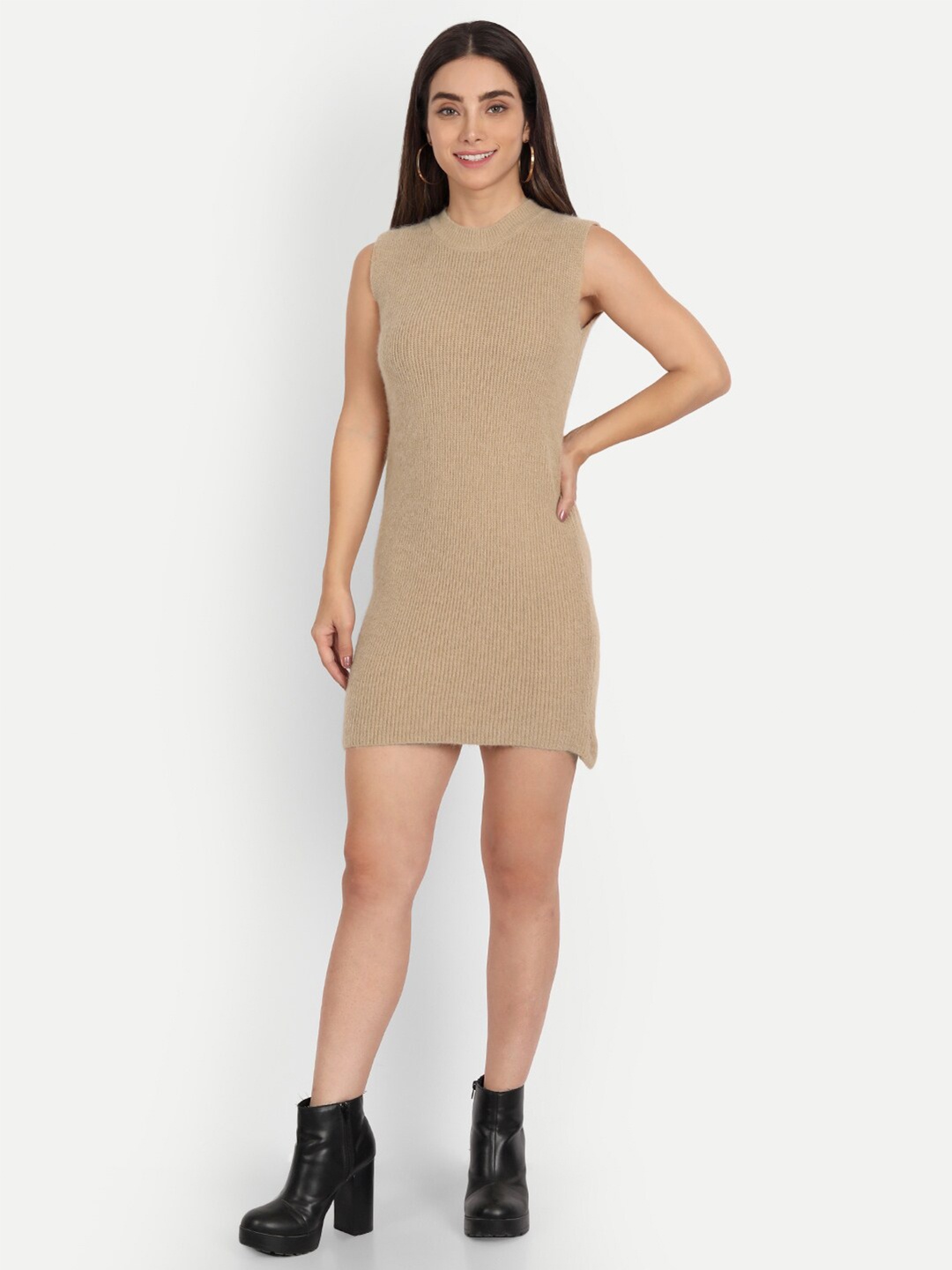 

iki chic Beige Ribbed Mini Two Piece Woolen Jumper Dress