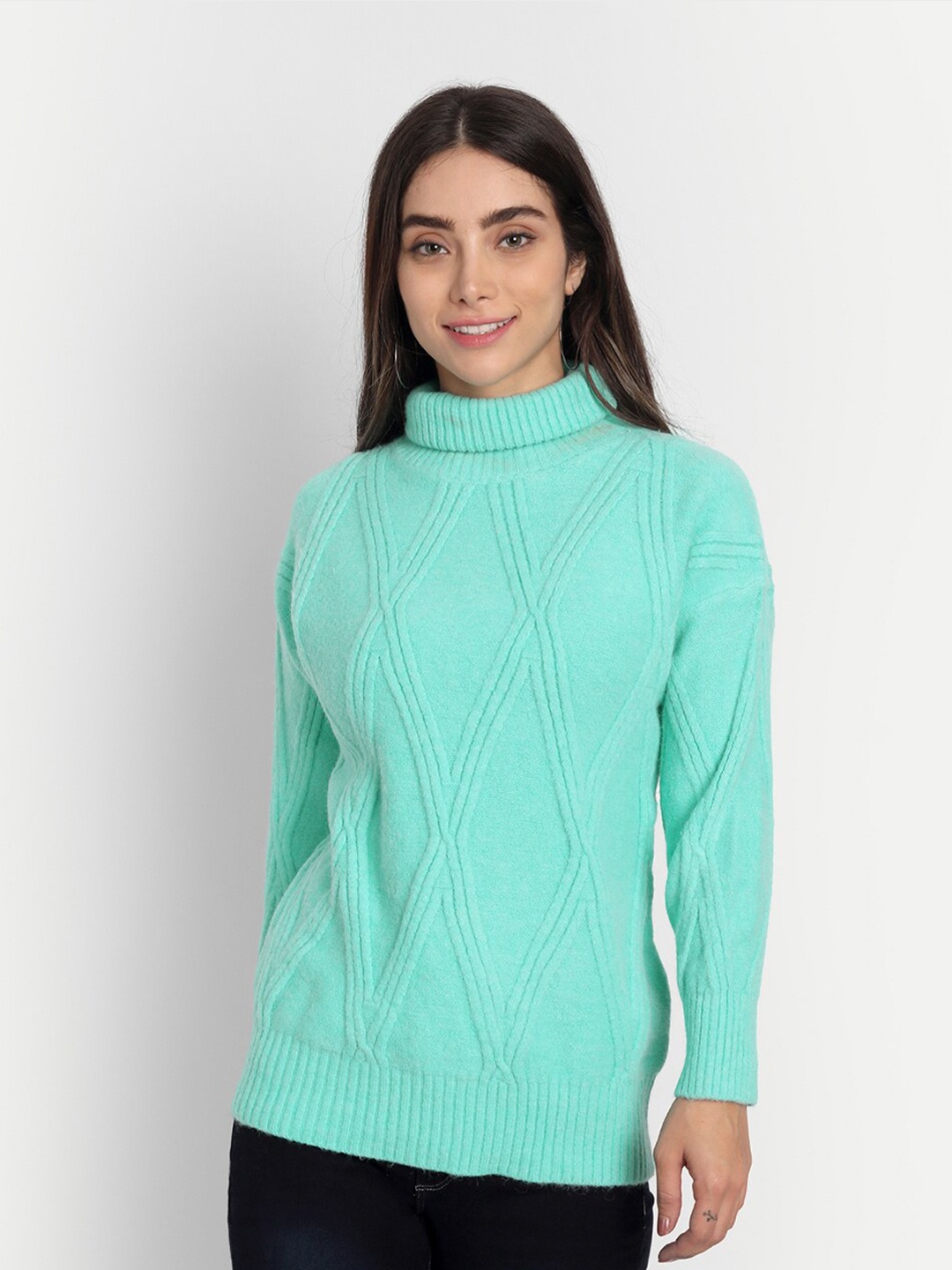 

iki chic Women Green Cable Knit Cotton Wool Pullover