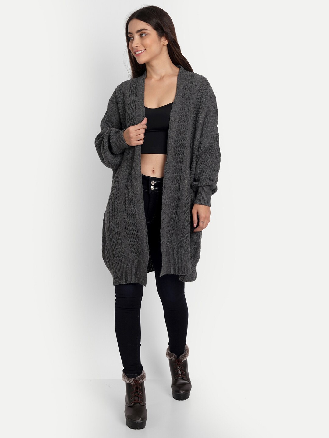 

iki chic Women Cable Knit Longline Cardigan, Grey