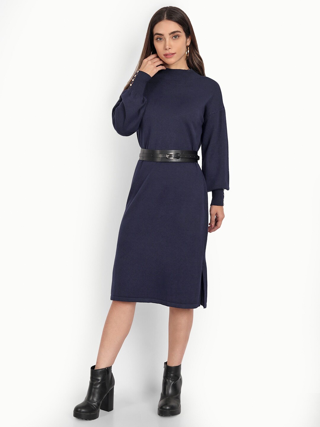 

iki chic Navy Blue Belted Woolen Sweater Dress