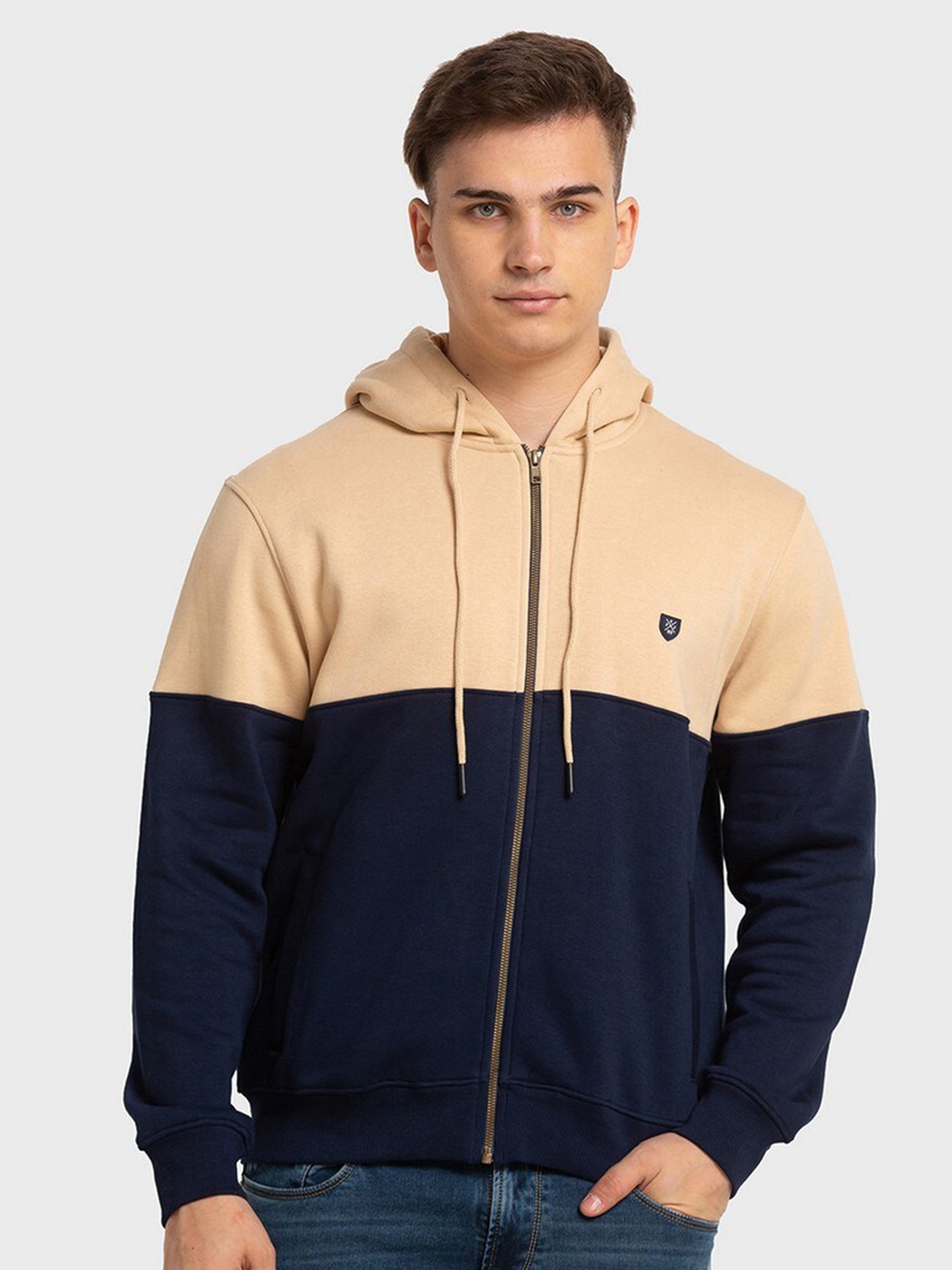

ColorPlus Men Beige Colourblocked Hooded Sweatshirt